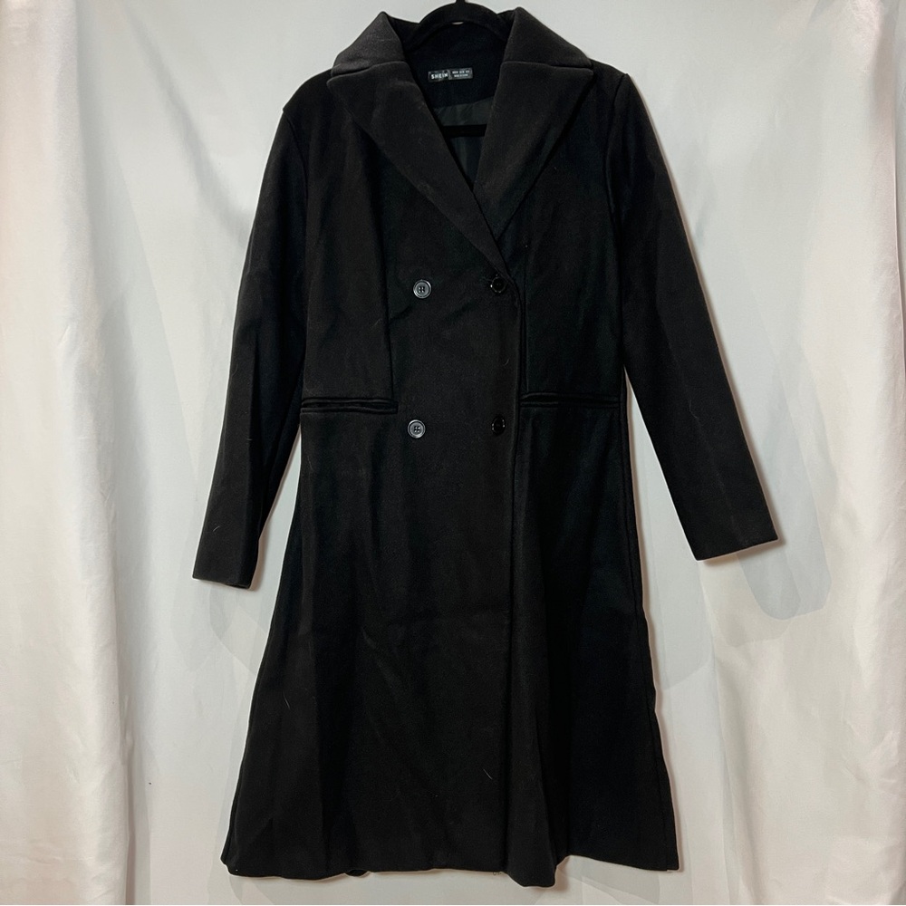 SHEIN Womens Frenchy Lapel Neck Double Breasted Overcoat in Black Size Medium M